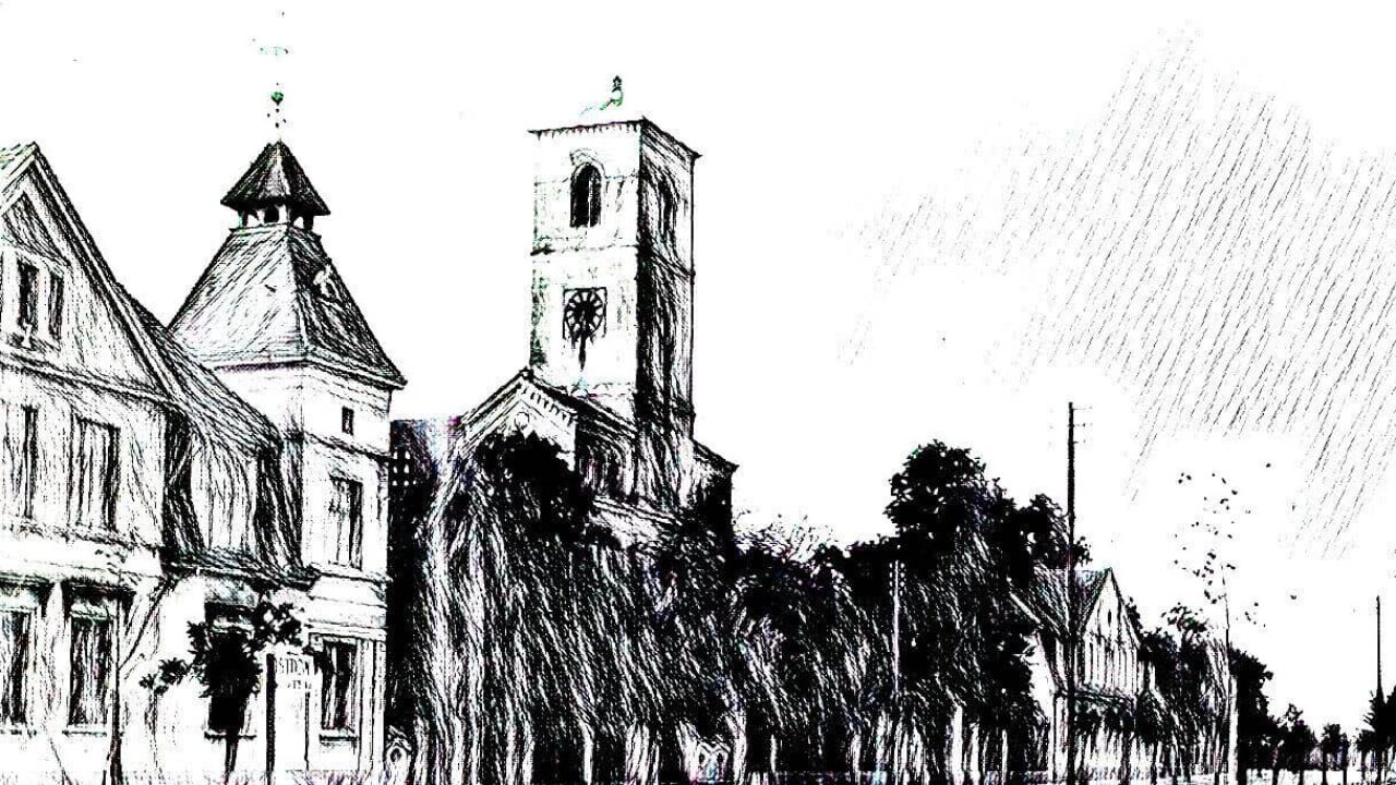 Grafika przedstawia widok na kościół ewangelicki